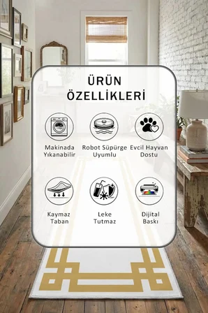 Yıkanabilir Kaymaz Klasik Beyaz Gold Dijital Baskılı Yolluk Halı Tüy Tutmaz Beyaz Gold