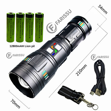 200W Süper Güçlü Lazer LED El Feneri - 6000 Lümen, 3000m Menzil ve Powerbank Özellikli (4 Pilli Set)