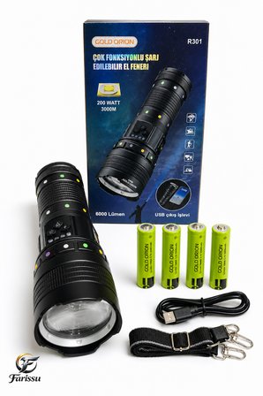 Gold Orion R301 Ultra Güçlü 200W 6000 Lümen Şarjlı El Feneri - 3000m Menzil, 4 Pilli, Powerbank Özellikli