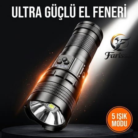 Gold Orion R301 Ultra Güçlü 200W 6000 Lümen Şarjlı El Feneri - 3000m Menzil, 4 Pilli, Powerbank Özellikli