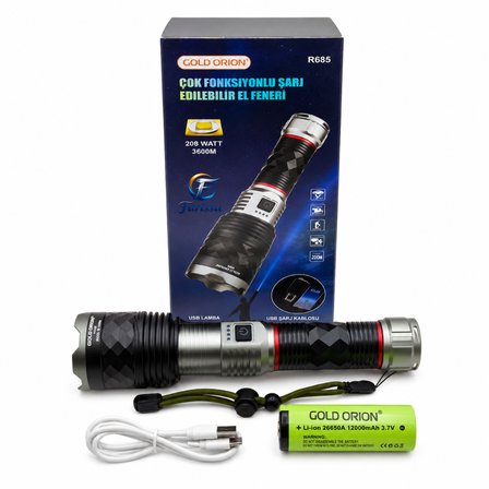 Gold Orion R685 Profesyonel Şarjlı El Feneri - 3000 Metre Menzil, 6000 Lümen, 10000 mAh Pilli