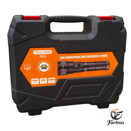 Gold Orion R802 Profesyonel Uzun Menzilli Şarjlı El Feneri - 3 KM Menzil, Dijital Göstergeli, 24.000 mAh