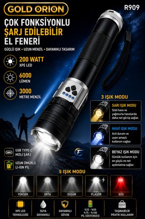 R909 Profesyonel Şarjlı El Feneri | 6000 Lümen, 3000m Menzil, 18000mAh Powerbank, 3 Renkli Işık