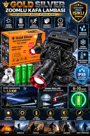 Gold Silver GS-15450 4000 Lümen Ultra Parlak Şarjlı Zoomlu Sensörlü Kafa Lambası - 9600 mAh