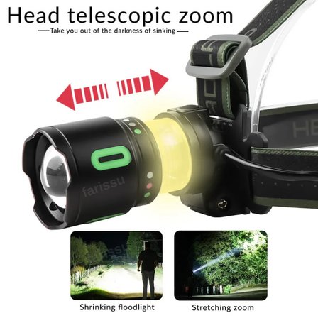 PS-T2210 Süper Parlak 35W 3500 Lümen Şarj Edilebilir Kafa Lambası - Teleskobik Zoomlu Avcı Feneri
