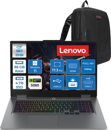 Lenovo Loq 17IRX10 Intel Core I7 13650HX 96GB Ddr5 4tb SSD RTX5060 8gb 115W Windows 11 Pro 17.3 Inç Fhd (1920X1080) IPS 300NITS 165HZ 100% Srgb Taşınabilir Bilgisayar W83JH006ETRP46 + Zetta Çanta