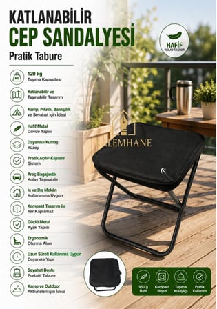 Kalemhane Katlanabilir Pratik Sandalye , Portatif Tabure, Seyhat Sandalyesi