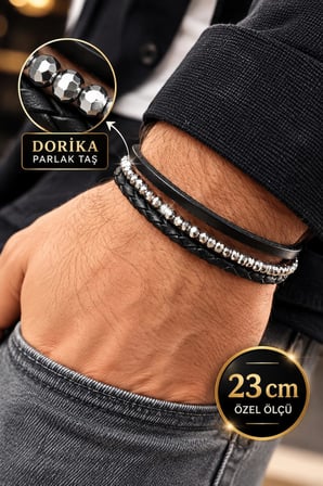 %100 Deri&Dorika Taşlı Kalın Bilekli Erkeklere Özel Üretimimiz NET 23cm (Siyah - Gümüş)