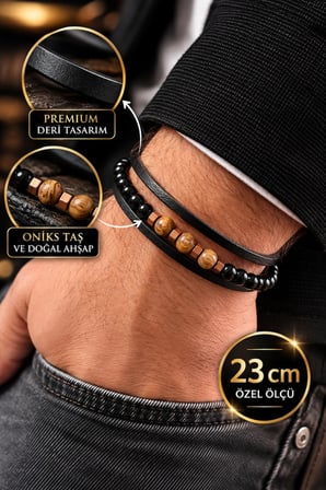 %100 Deri ve Doğal Taş Kombinli Erkek Bileklik Özel Boyut NET 23cm (Türk El Üretimi) 