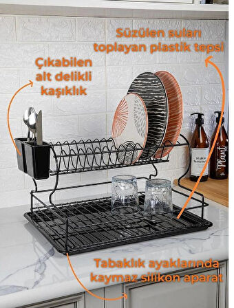 Paslanmaz 2 Katlı Bulaşıklık Tezgah Üstü Bulaşık Kurutmalık Tabaklık Termo Plastik Kaplama SİYAH