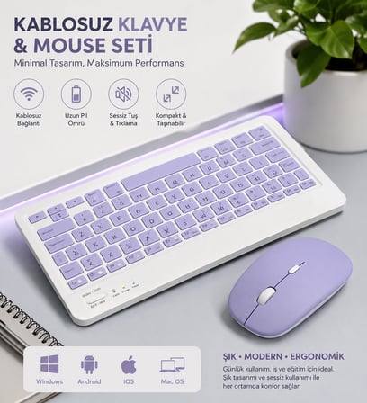 KABLOSUZ KLAVYE VE MOUSE SET SESSİZ TUŞLAR AKICI DENEYİM  iOS / ANDROİD UYUMLU