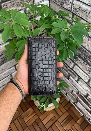 Guard Koyu Kahverengi Croco Baskılı Fermuarlı Portföy Cüzdan Hakiki Deri