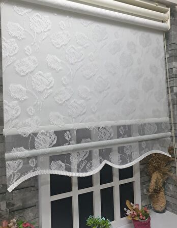 Çift Mekanizmalı Kirli Beyaz Tül Perde ve Ekru Stor Perde STB1093