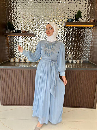 Taş işlemli Bel Kuşaklı Uzun Abiye Elbise ELB16080