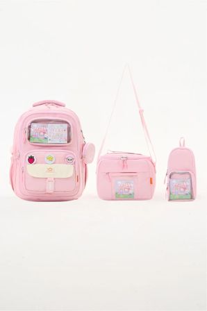 Kawaii 3'lü İlkokul Okul Çantası Seti Pembe Kız Çocuk Beslenme Çantalı Kalemlikli