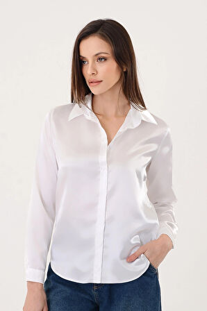 Kadın Hafif Dökümlü Beyaz Saten Gömlek