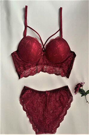  DESTEKLİ DANTELLİ BRALET BORDO SÜTYEN TAKIM