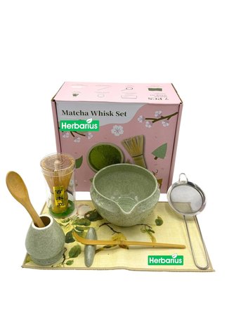 Herbarius 8 Parça Çiçek Desenli Benekli Adaçayı Yeşili Renk Matcha Çayı Hazırlama Seti - Geleneksel Japon Matcha Seti