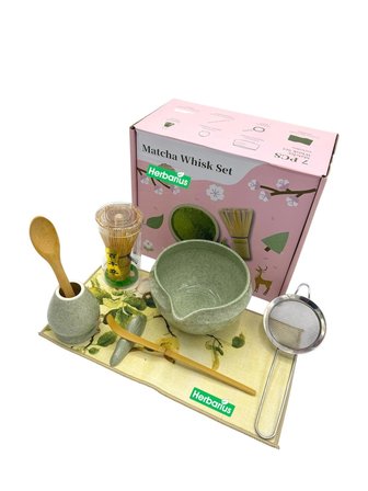 Herbarius 8 Parça Çiçek Desenli Benekli Adaçayı Yeşili Renk Matcha Çayı Hazırlama Seti - Geleneksel Japon Matcha Seti