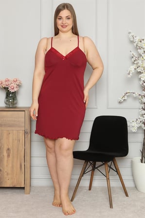 Moda Çizgi Kadın Pamuklu İp Askılı Büyük Beden Gecelik 987 Bordo