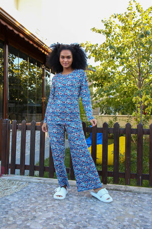 Moda Çizgi Kadın Penye Bol Paça Pijama Takım 4125 Mavi