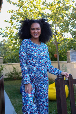 Moda Çizgi Kadın Penye Bol Paça Pijama Takım 4125 Mavi
