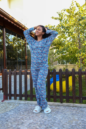 Moda Çizgi Kadın Penye Bol Paça Pijama Takım 4125 Mavi