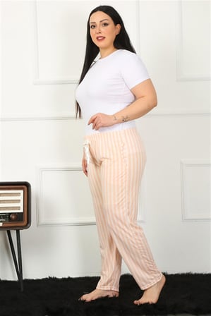 Moda Çizgi Kadın Pamuklu Büyük Beden Alt Pijama 27453 Somon