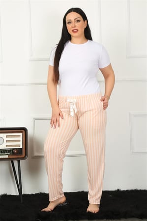 Moda Çizgi Kadın Pamuklu Büyük Beden Alt Pijama 27453 Somon