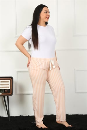 Moda Çizgi Kadın Pamuklu Büyük Beden Alt Pijama 27453 Somon