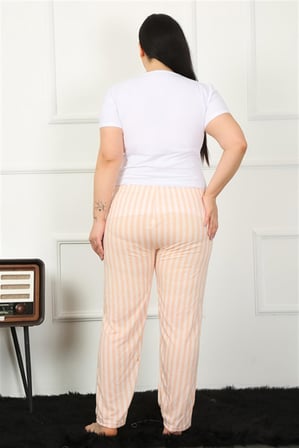 Moda Çizgi Kadın Pamuklu Büyük Beden Alt Pijama 27453 Somon