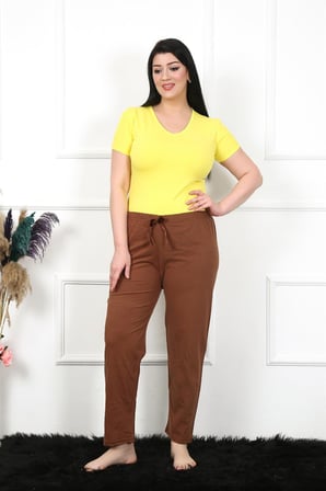 Moda Çizgi Kadın Pamuklu Büyük Beden Alt Pijama 27476 Kahve