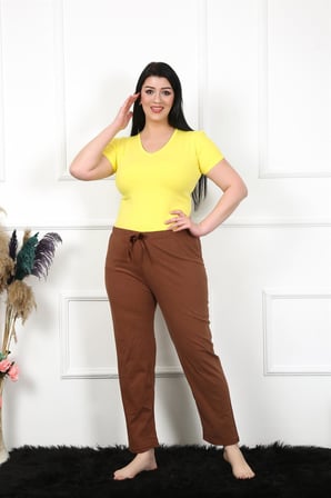Moda Çizgi Kadın Pamuklu Büyük Beden Alt Pijama 27476 Kahve