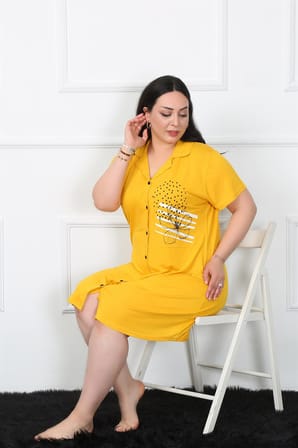 Moda Çizgi Büyük Beden Penye Düğmeli Sarı Tunik Gecelik 1025