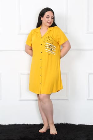 Moda Çizgi Büyük Beden Penye Düğmeli Sarı Tunik Gecelik 1025