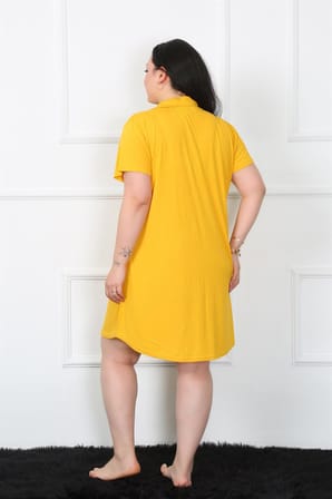 Moda Çizgi Büyük Beden Penye Düğmeli Sarı Tunik Gecelik 1025