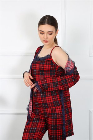 Moda Çizgi Kadın 3'lü Ekoseli Sabahlık Takım 16106 Kırmızı