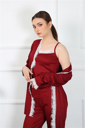 Moda Çizgi Kadın 3'lü Bordo Sabahlık Takım 16108