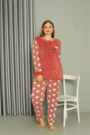 Moda Çizgi Welsoft Polar Kadın Büyük Beden Pudra Pijama Takımı 808042