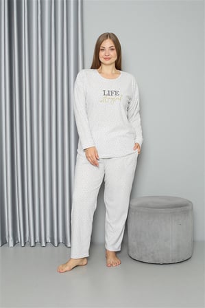 Moda Çizgi Welsoft Polar Kadın Büyük Beden Pijama Takımı 808050 Ekru