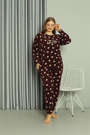 Moda Çizgi Welsoft Polar Kadın Büyük Beden Pijama Takımı 808041 Bordo