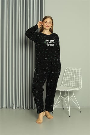 Moda Çizgi Welsoft Polar Kadın Büyük Beden Pijama Takımı 808043 Siyah