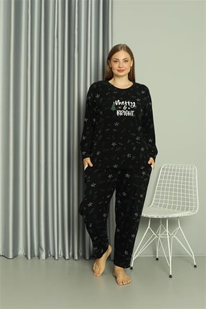 Moda Çizgi Welsoft Polar Kadın Büyük Beden Pijama Takımı 808043 Siyah