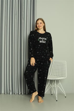 Moda Çizgi Welsoft Polar Kadın Büyük Beden Pijama Takımı 808043 Siyah
