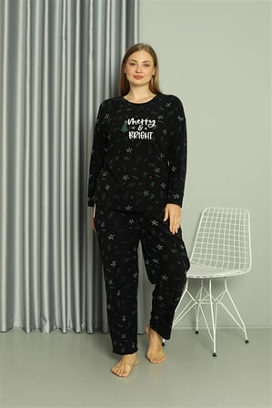 Moda Çizgi Welsoft Polar Kadın Büyük Beden Pijama Takımı 808043 Siyah