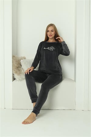 Moda Çizgi Kadın Kadife Füme Pijama Takım 20624
