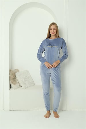 Moda Çizgi Kadın Kadife Mavi Pijama Takım 20624
