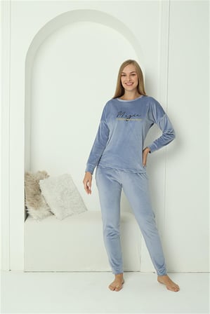 Moda Çizgi Kadın Kadife Mavi Pijama Takım 20624
