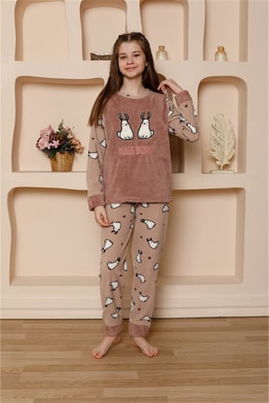 Moda Çizgi Kız Çocuk WelSoft Polar Vizon Pijama Takımı 20524