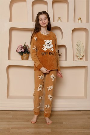 Moda Çizgi Kız Çocuk WelSoft Polar Pijama Takımı 20522 Sütlü Kahve